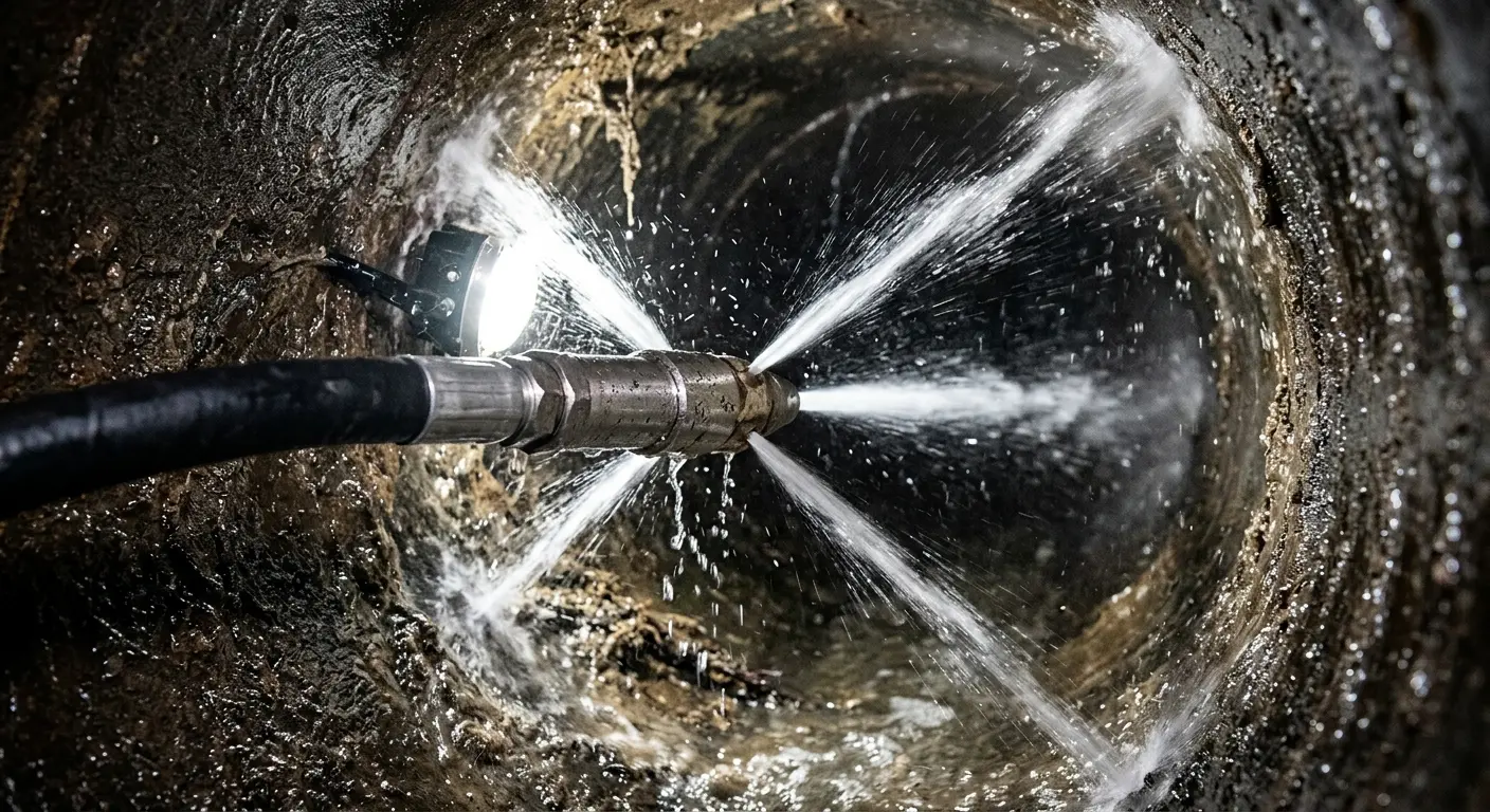 High-pressure hydro jetting nozzle cleaning sewer pipe for Sewer Cleanout in Colesville