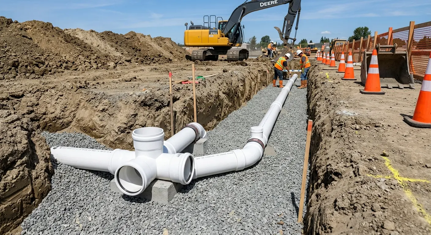 New PVC sewer pipe installation in open trench for Commercial Drain Cleaning in Colesville