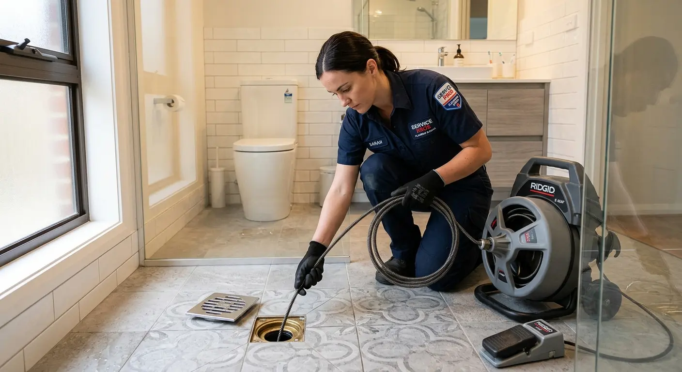 Technician clearing a bathroom floor drain for Hydro Jetting in Colesville